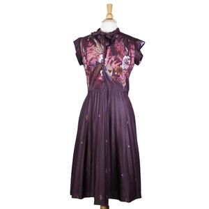 Vintage 70s dress pleated academic dress floral fall maroon swing disco sz vg 14